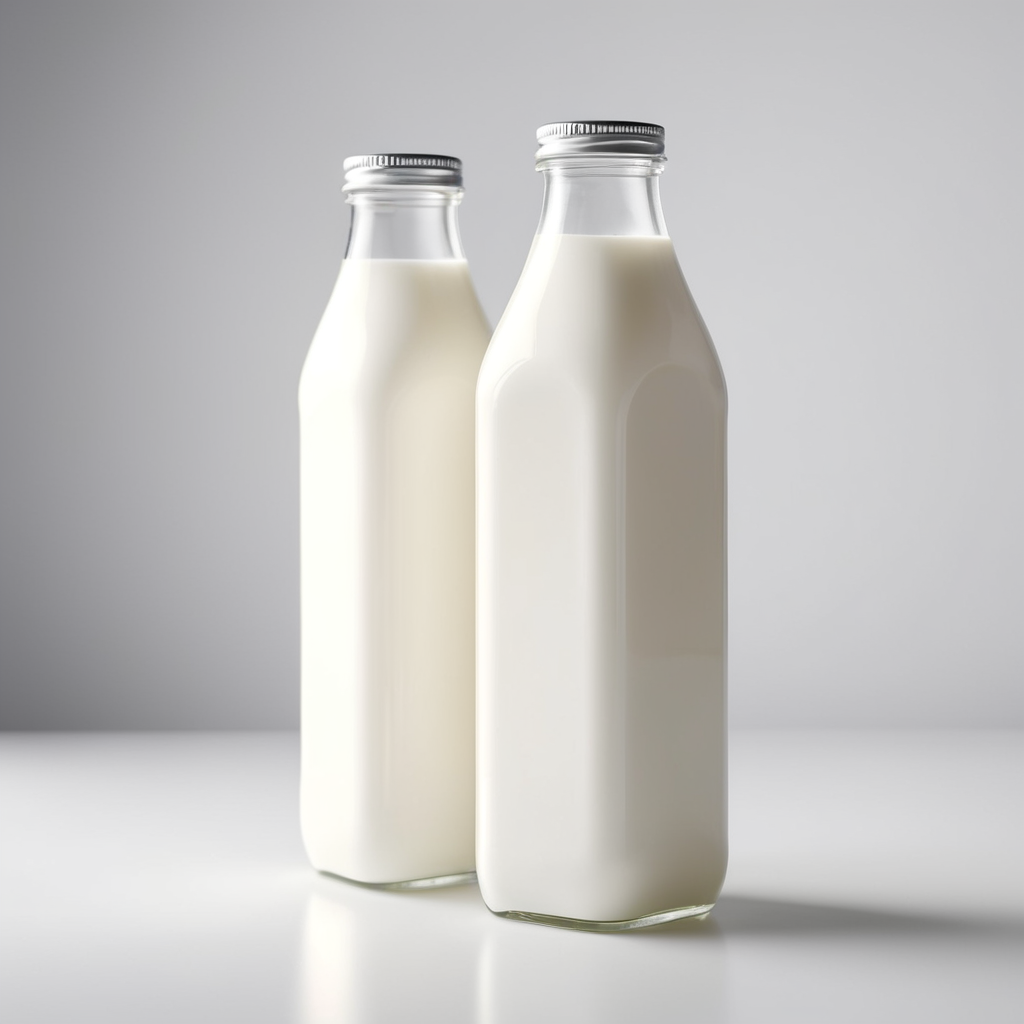 A mockup of a square glass bottle of milk.