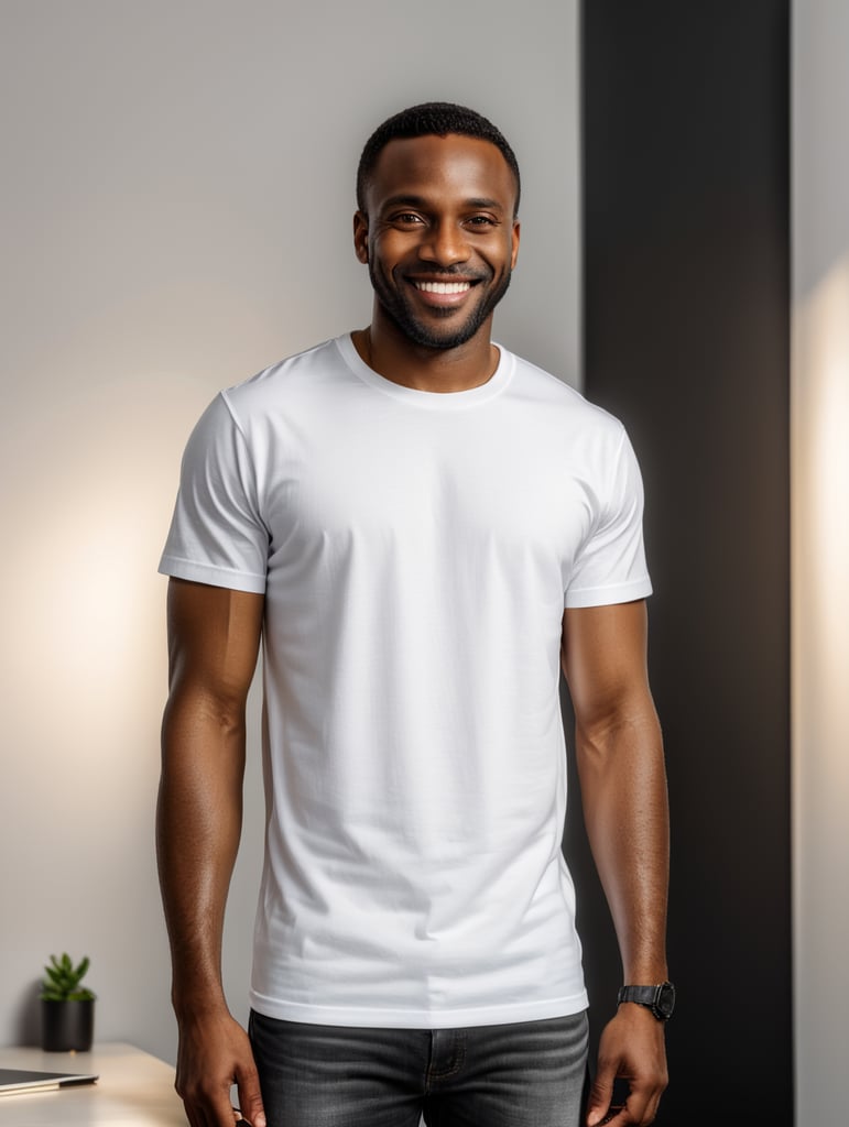 a black African man wearing white t-shirts, standing in front of black background, blank shirt no print, smiling, photo for apparel mock-up