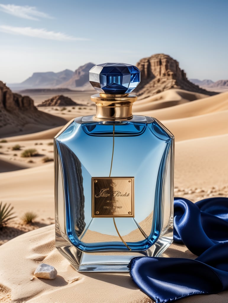 professional photography of a luxury perfume bottle in the desert, Blue satin scarf in the background, no label, clear, mockup