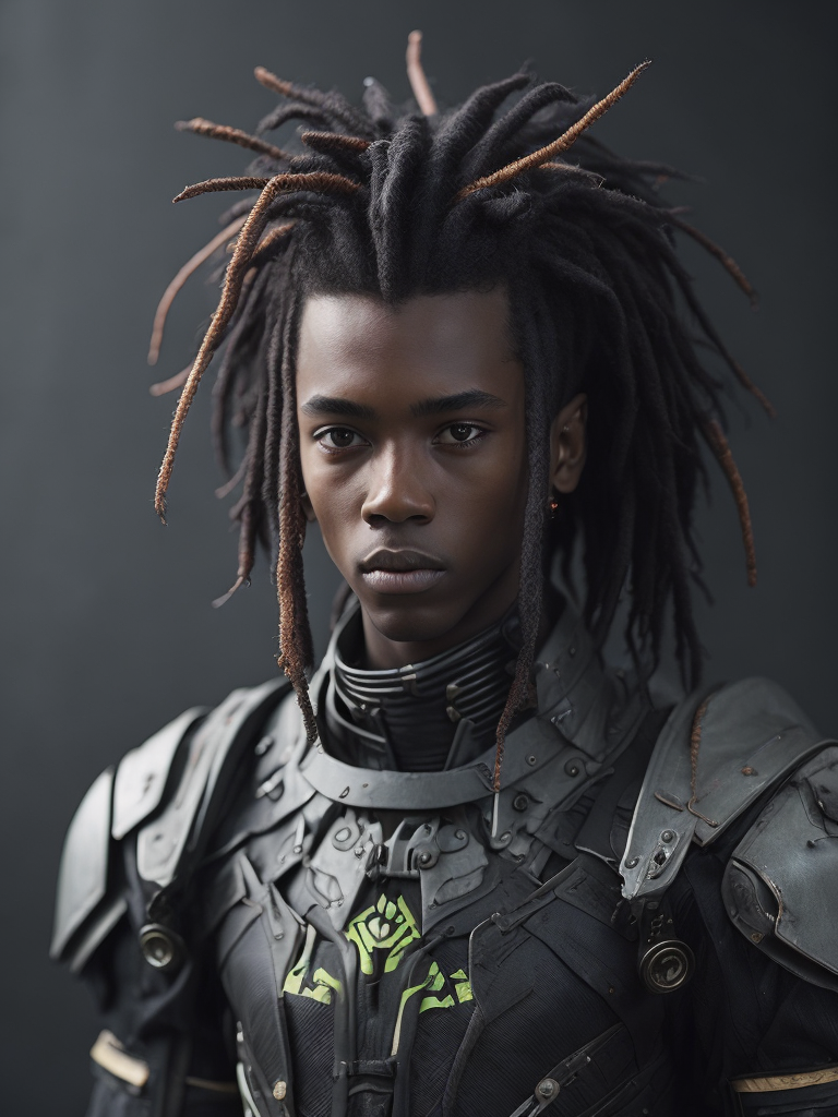16 year old black Trinidadian boy with long hanging dreads, light weight polymer battle suit, Multicolored aura Preset: Hand-drawn
