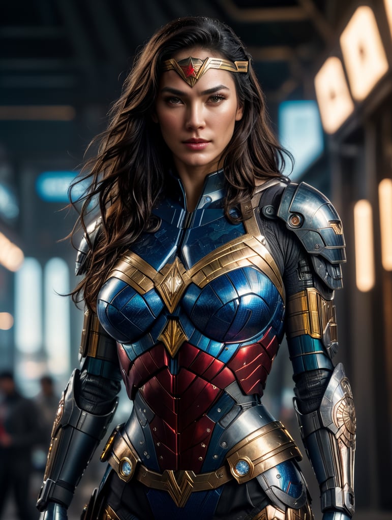 Wonder Woman in cybernetic armor, cyberpunk world, full body shot