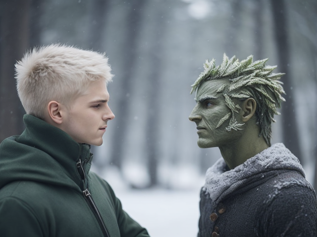 jack frost and green man facing each other, fighting, battle, winter on jack frost's side, summer on green man's side