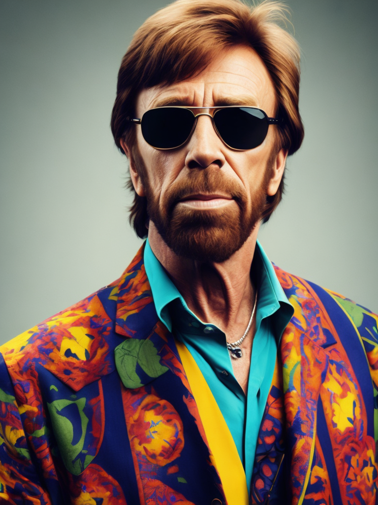 Chuck Norris wearing a brightly patterned jacket and wayfarer glasses, Vivid saturated colors, Contrast color