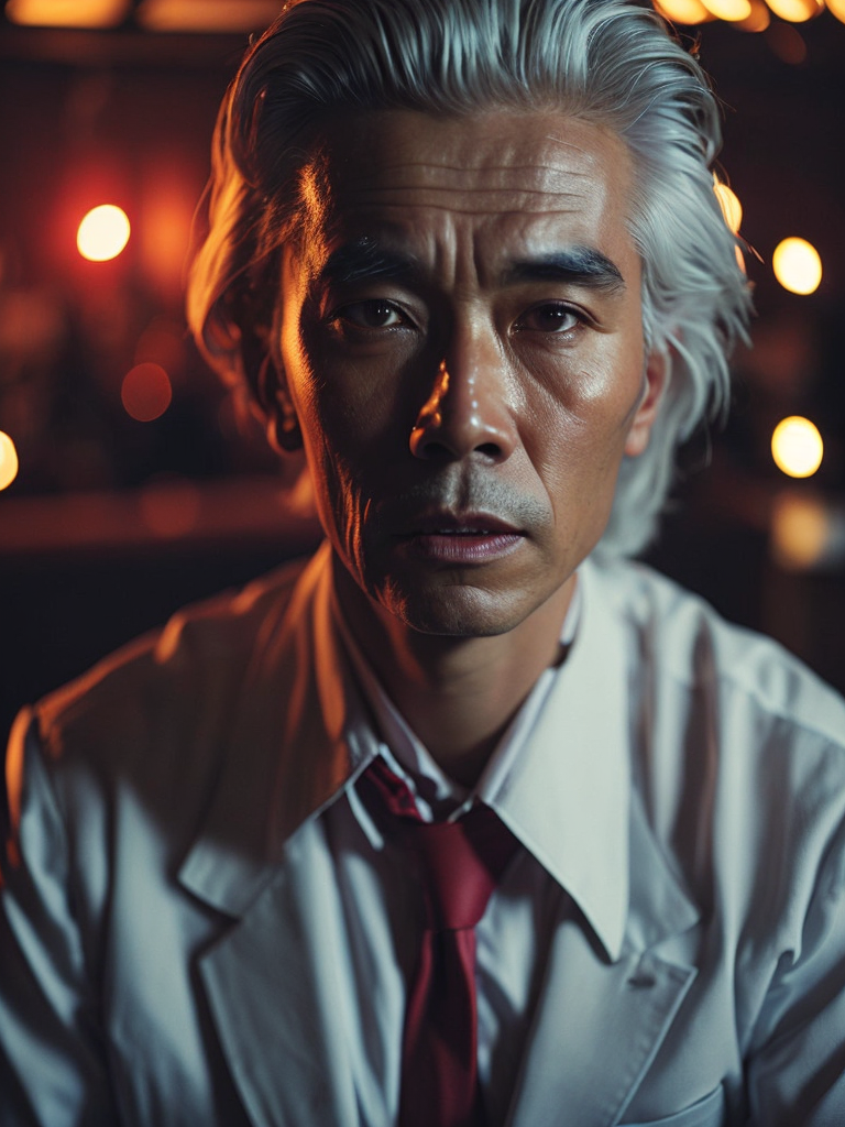 cinematic shot, scene from a movie, portrait of an Asian man 80 years old sitting in a night bar, Asian mafia, father of mafia, angry face, white jacket, red tie, white hair, red Chinese lights on a background, focus on a face, red lighting, low light, dark atmosphere