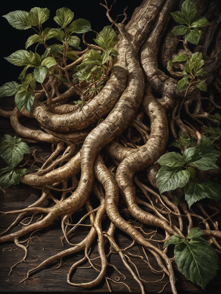 Ginseng root on dark wood background, large, fresh, watercolor