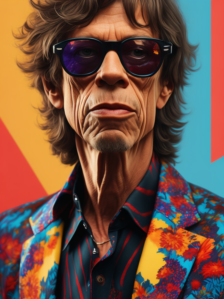 Mick Jagger wearing a brightly patterned jacket and wayfarer glasses, Vivid saturated colors, Contrast color, face in the center of the picture