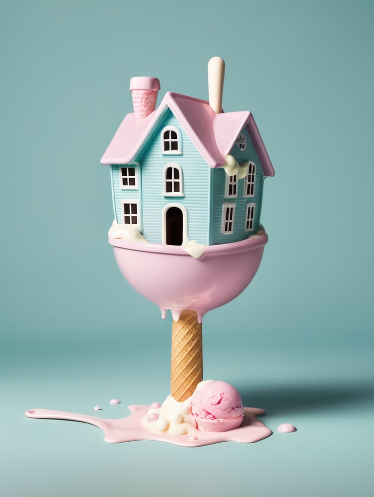 icecream scoop in the shape of a house. more ice cream melting