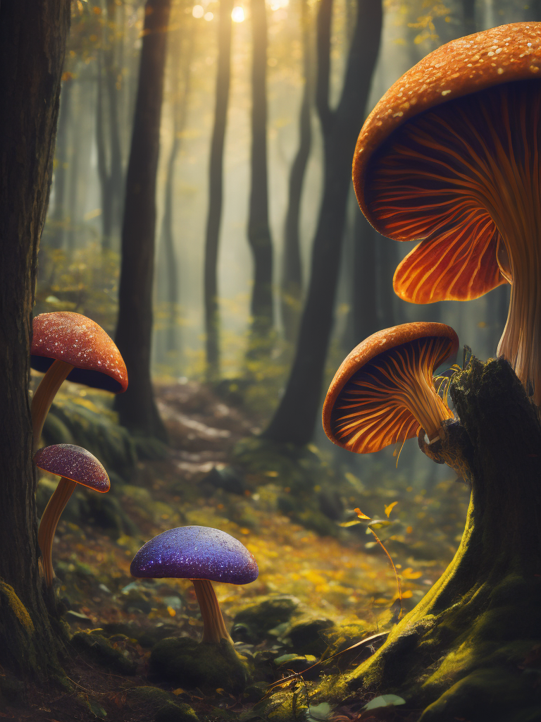 42 mushrooms of various sorts growing under the trees of the fabulous dark mysterious forest. The caps of rainbow mushrooms are covered in glitter and glow from the inside in various acidic colors. Fantastic Poison Mushrooms grow at the foot of the tree. Fairytail style, photorealistic details and clear, sharp and colorful high-resolution picture.