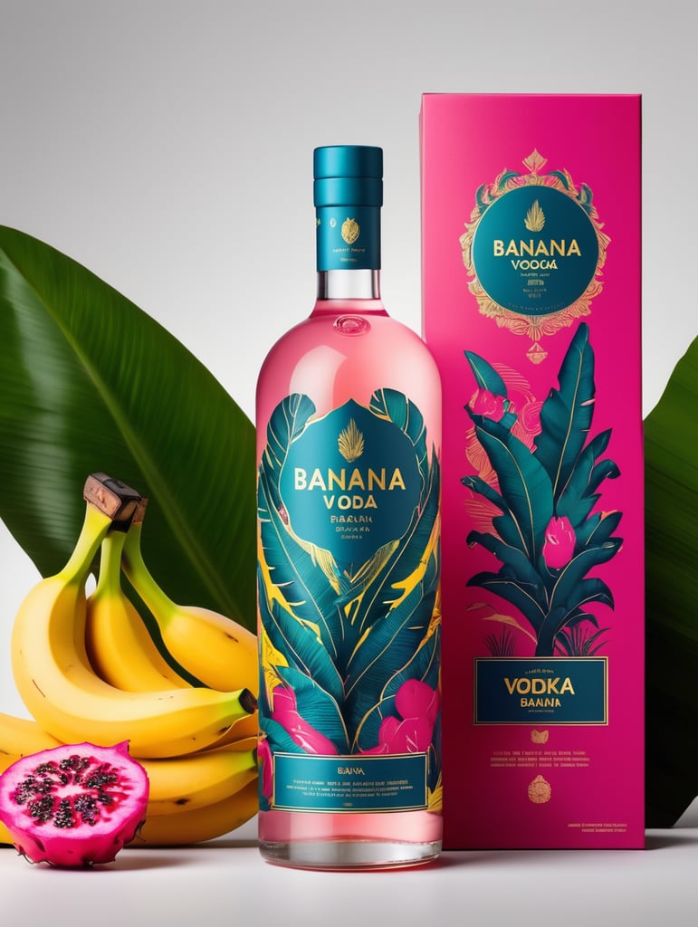 Packaging and branding for a banana vodka brand as if it had been designed by HI ESTUDIO with In a set design with banana, dragon fruit and dry banana leaves.