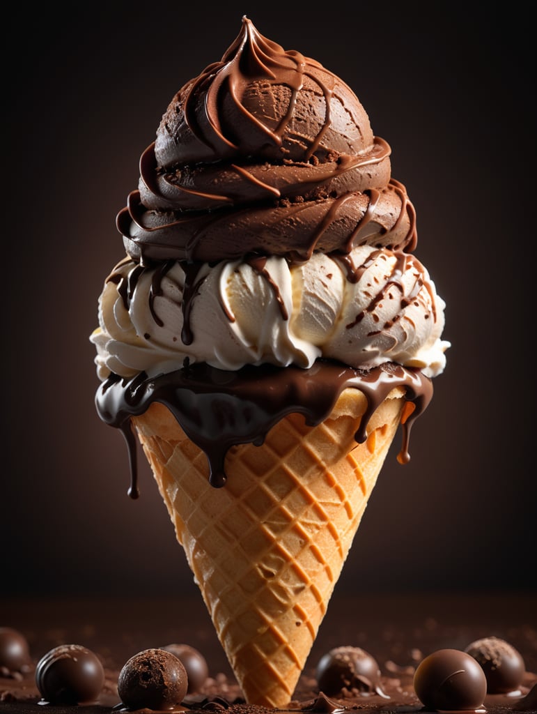chocolate ice cream cone on chocolate background