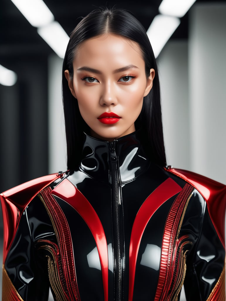 fashion shoot portrait of extremely beautiful female wearing massively over size black red futuristic slim fim suit black gold jacket by craig green, dingyun zhang, yeezy, balenciaga, vetements, sharp focus, clear, detailed, , cinematic, detailed, off white, glamourous, symmetrical, vogue, editorial, fashion, magazine shoot, glossy