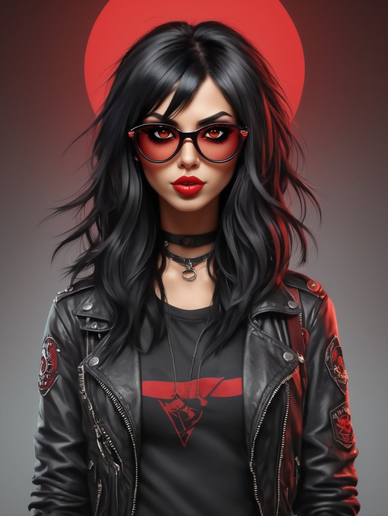 black hair rocker girl, digital art, vector, red eye, with eyeliner and glasses