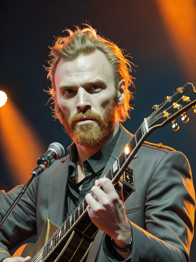 Rock star vincent van gogh on stage with his band at a big festival, van gogh style
