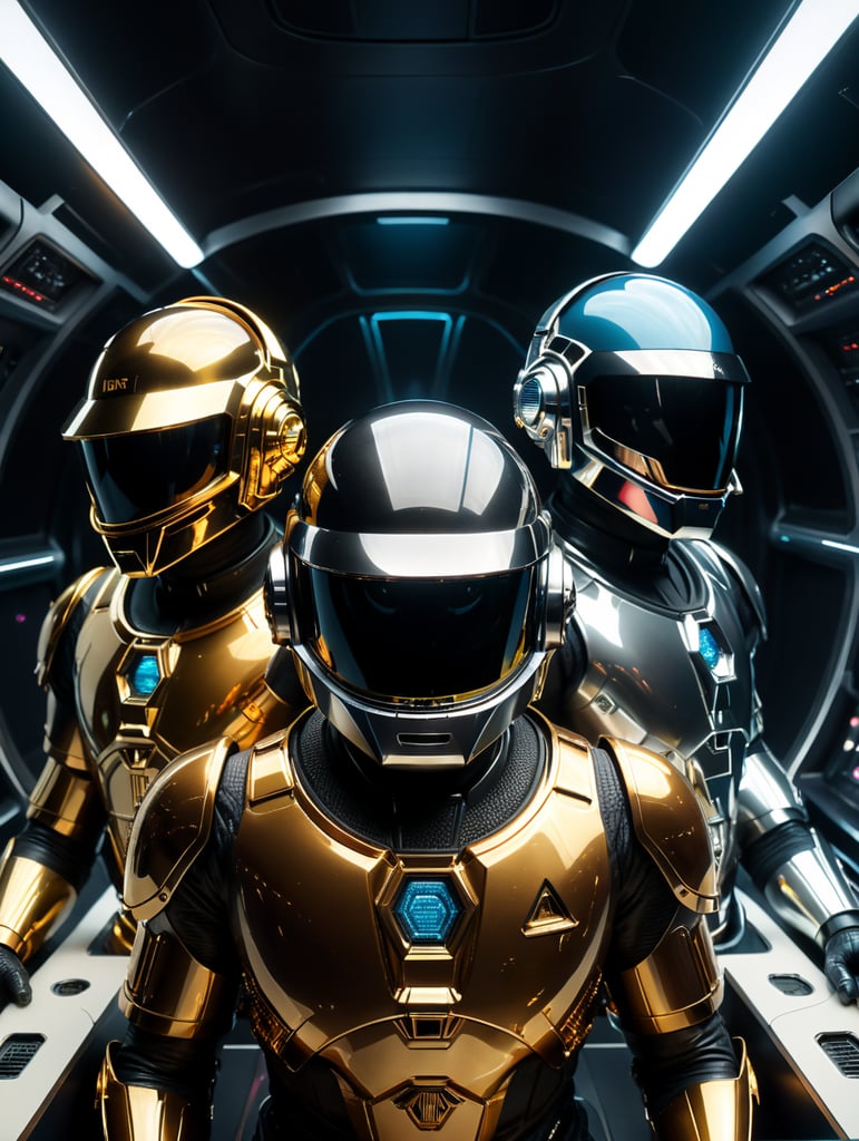 close up of daft punk plays in a spaceship, interior design, cinematography, photography, volumetric, symmetrical, ultra wide angle, depth of field, highly detailed, ultra realistic, 16k,