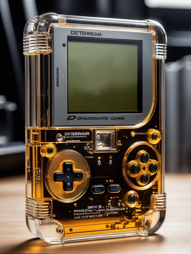 A see through polycarbonate game boy designed by dieter rams. industrial design inspiration. unreal engine render, natural lighting, on desk, beautiful shot