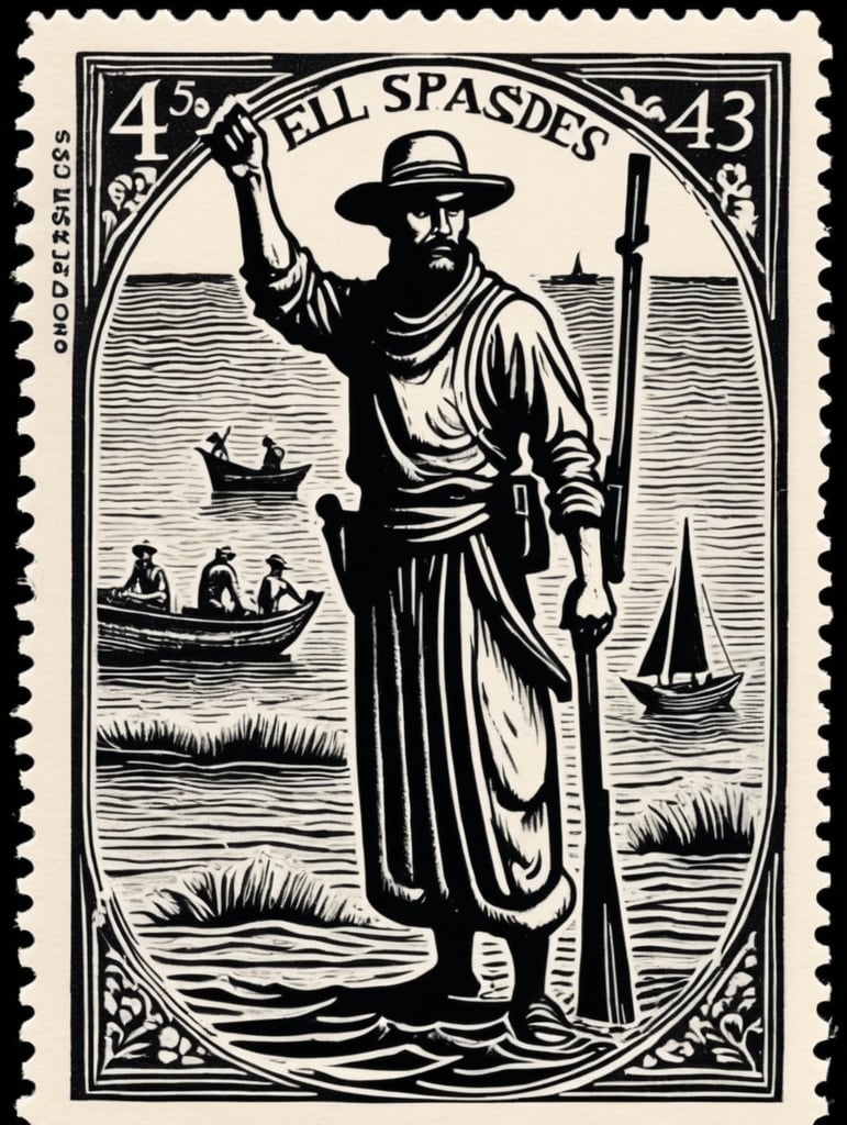 black and white linocut postage stamp "El Pescador" "43¢" thick lines bold dark lines vintage artwork