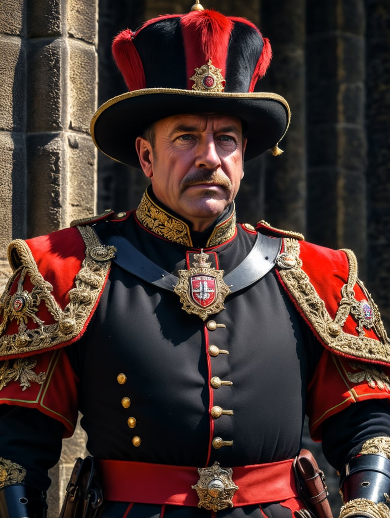 Portrait of a Beefeater man, ceremonial guard of the Tower of London.