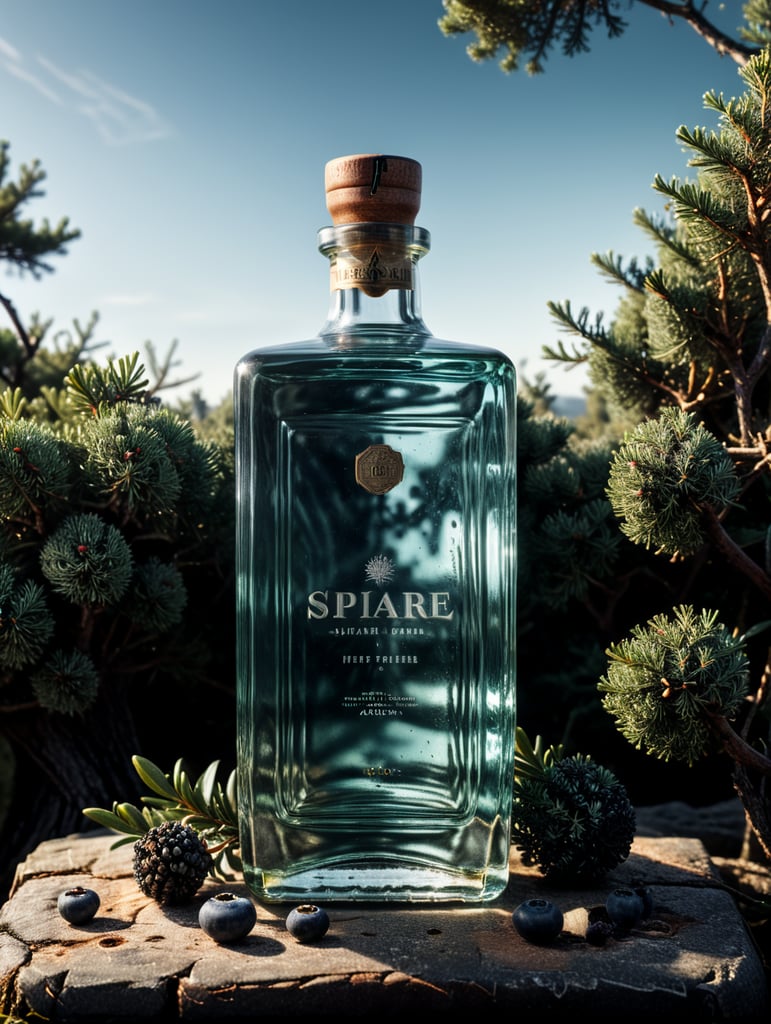 professional photography of a square gin bottle, square bottle, surrounding a juniper and juniper berries, one shot of gin in a front, no label, clear, mockup
