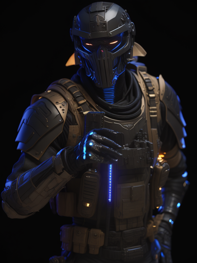 Ultra-detailed soldier from counter strike game in a base, with anthropomorphic cybernetic skeleton elements on metal armor, neon lights reflections, reflection mapping, intricate design and details, dramatic lighting, hyperrealism, photorealistic, cinematic, 8k --ar 9:16 --v 5