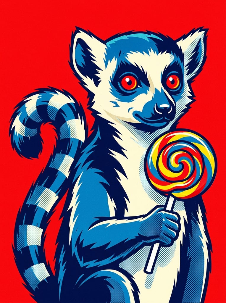 A stylized pop art illustration of a blue and white lemur with striking red eyes holding a colorful swirl lollipop against a solid, vibrant red background. The lemur is rendered in bold shades of navy, azure, and cream, with its fur depicted through crisp, graphic shapes. It grasps a white stick attached to a glossy lollipop featuring thick swirled bands of primary red, yellow, and blue. The artwork employs a retro screen print aesthetic, utilizing high-contrast flat colors combined with prominent halftone dot patterns that create shading along the right side of the lemur's body. The limited color palette of primary red, deep blues, and warm cream creates a striking, graphic visual impact with sharp, vector-like edges.
