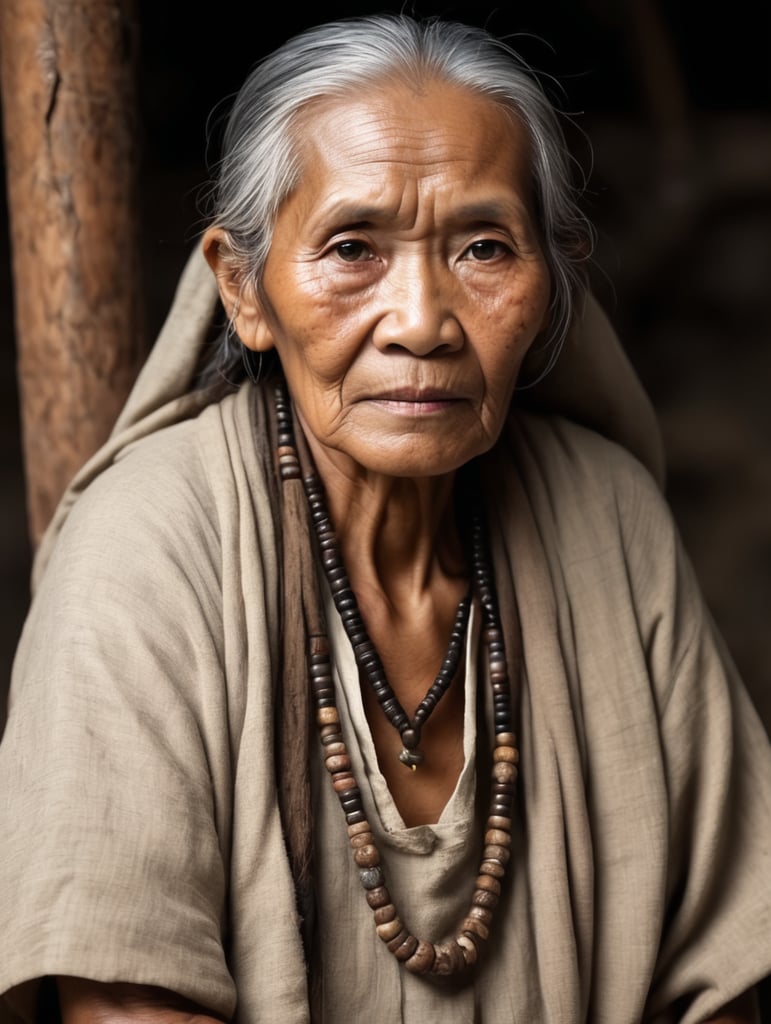 old filipino lady who looks like a native healer. whole body. looks trustworthy