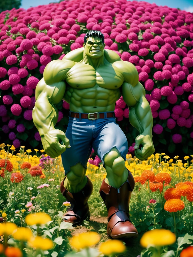 Happy hulk standing in a beautiful field of flowers, colorful flowers everywhere, perfect lighting, leica summicron 35mm f2.0, kodak portra 400, film grain