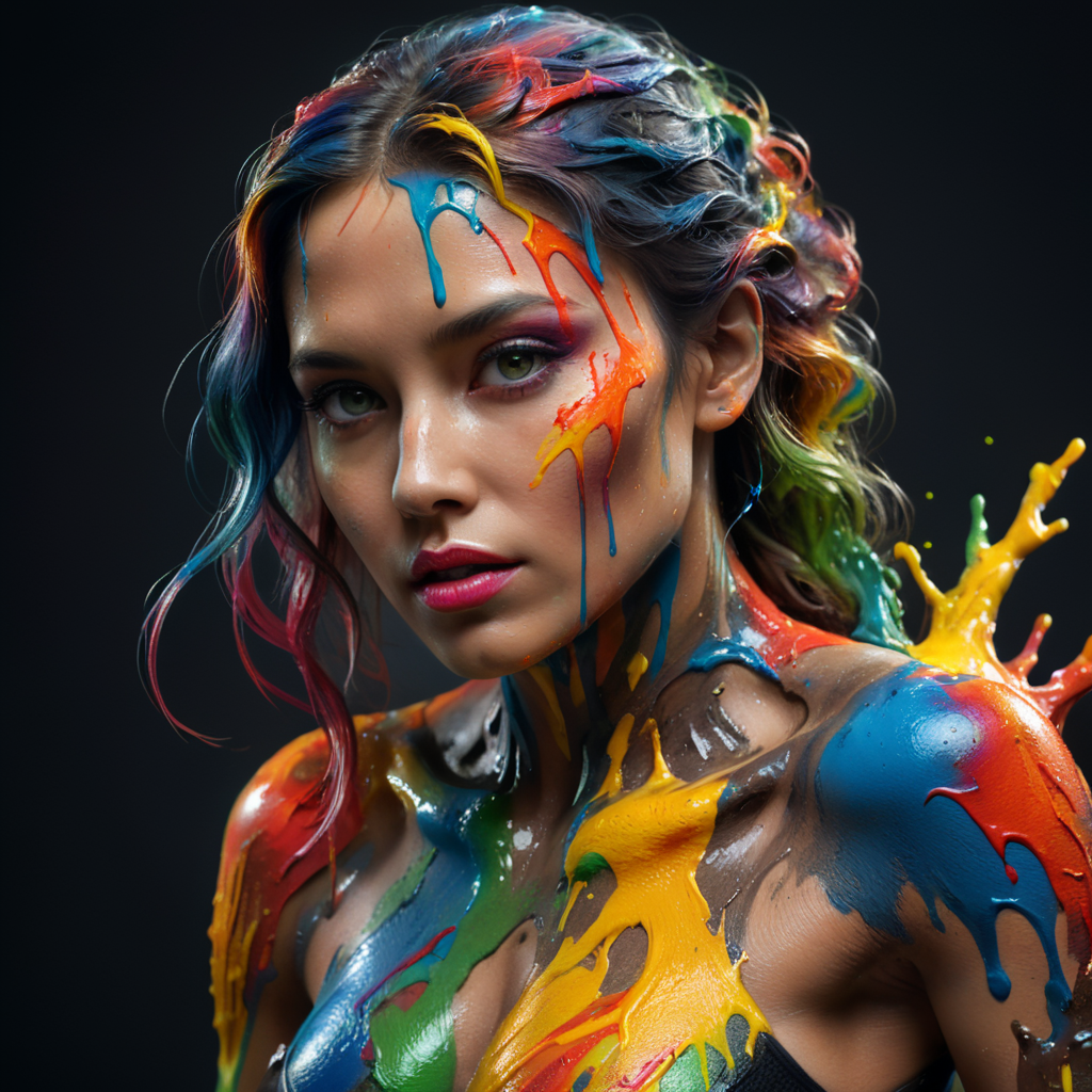 Woman with colorful paint on her body and arms, melted body, the paint is flowing, creative, bright colors
