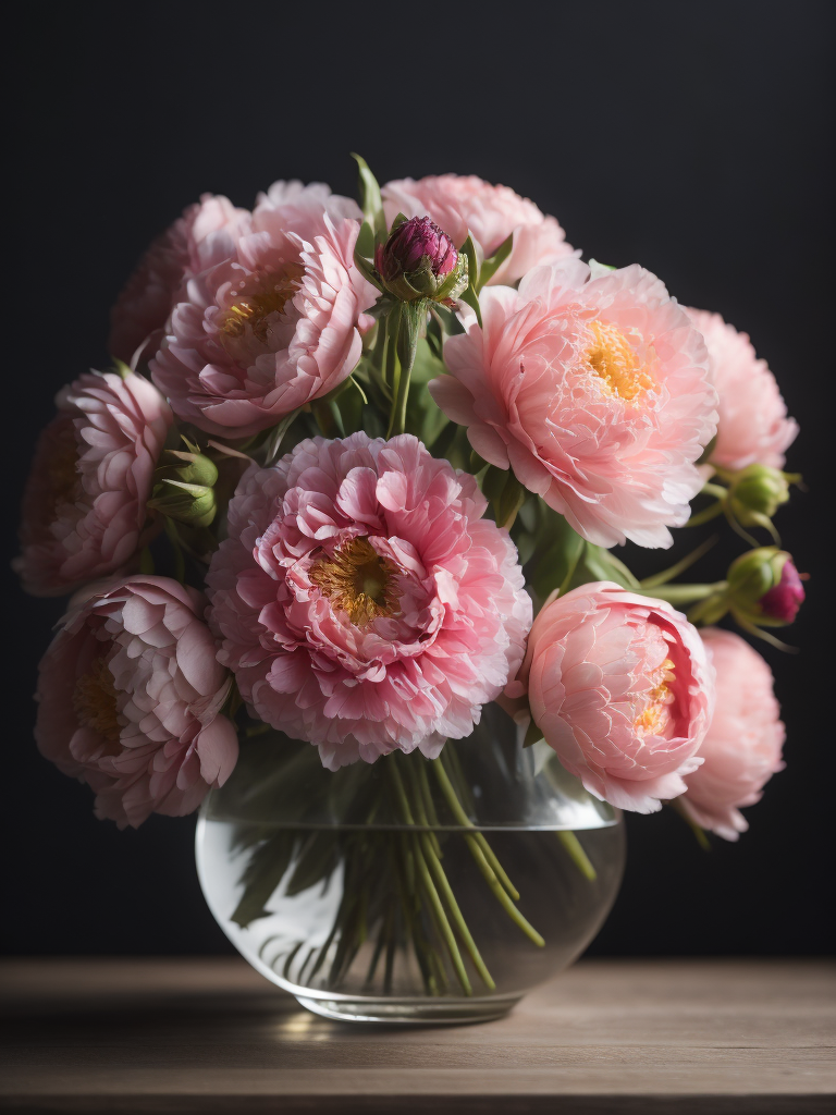 Round transparent glass vase with big bouquet of pink peonies, dark gradient background, sharp focus