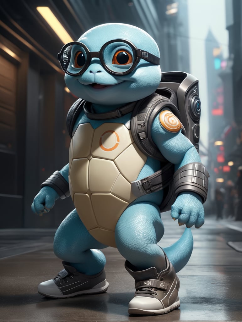 cute stylish squirtle dressed in stylish futuristic sportswear clothes, big sneakers and a futuristic glasses