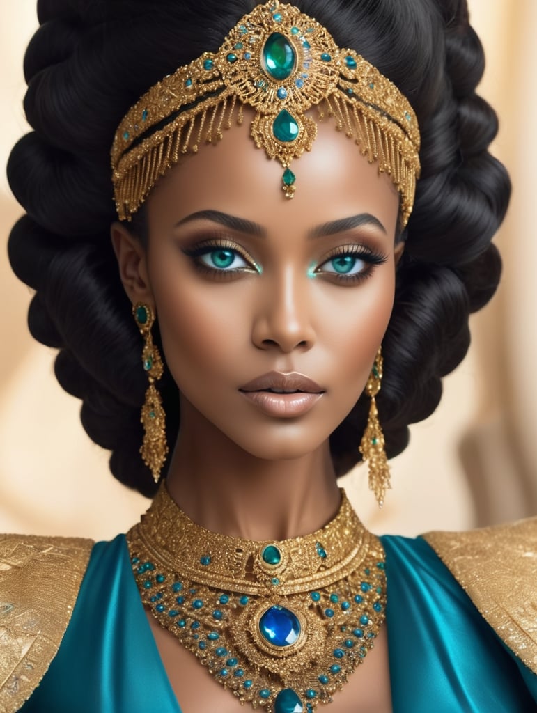 A light skin African lady have beautiful blue emerald eyes, dressed in ancient golden coloured gown with ebony beads on her hands, legs and waist. Her hair dark looking like a goddess.
