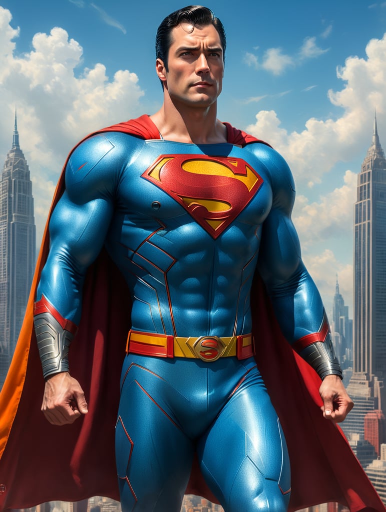 Portrait of the 1940s Superman in a sky blue suit with a superman logo on the chest, orange belt, dark red cape, red boots, city in the background, blurry background, professional shot, bright saturated colors, sharp focus, highly detailed