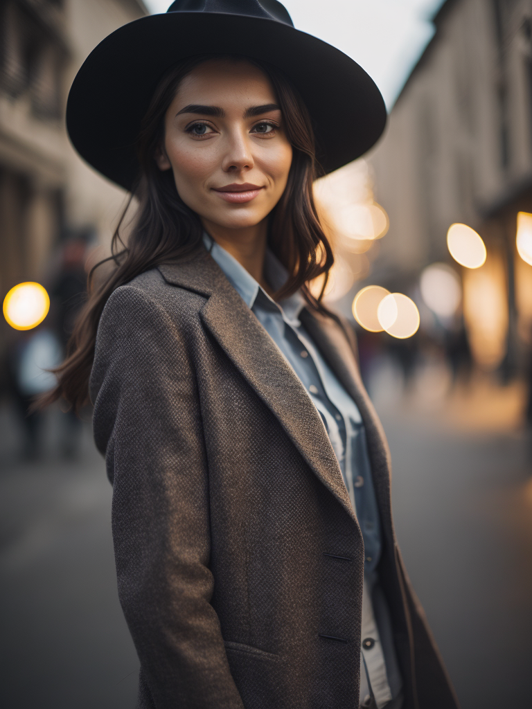 realistic, photorealistic, masterpiece, absurdres, incredibly absurdres, extremely detailed, best quality, mcostume, hat, kneehighs, full body, 1girl, solo, black hair, light smile, looking at viewer, detailed background, standing, classical european town, night, dramatic lighting,