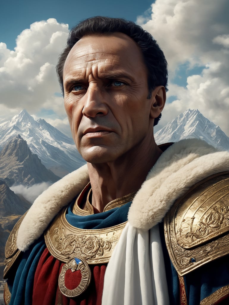 I need a strong leadership looking photo of Julius Caesar,faced forward, strong faced, piercing eyes, with an mountain and blue sky fluffy clouded background, all while wearing white greek clothing