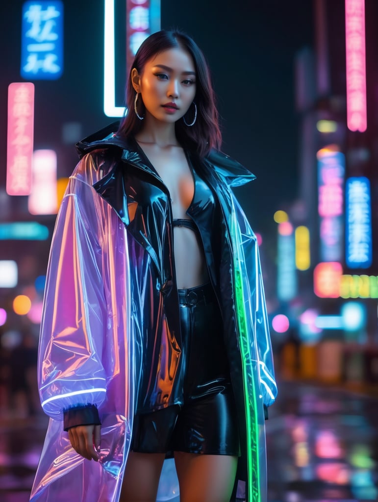 A women wearing translucent coat, standing on a street, neon cyber city, dark night, neon signs