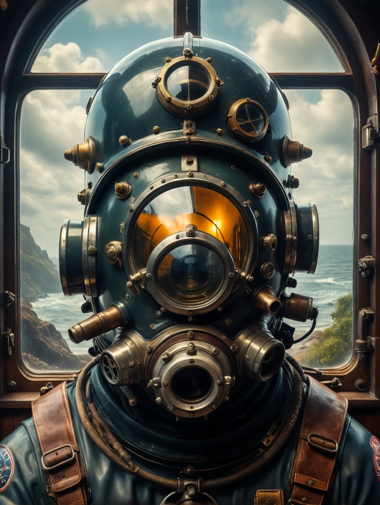 old diver helmet with the big glass window, circled by retro looking rocket