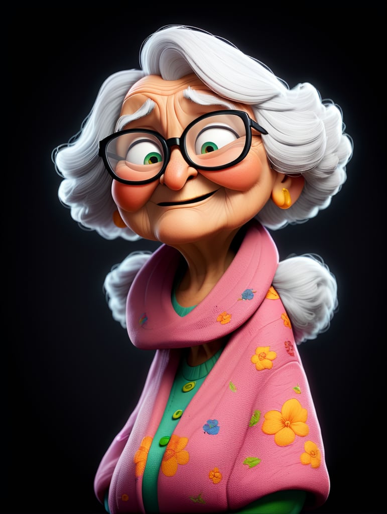 old women character with black glasses, cartoon, isolated, black background