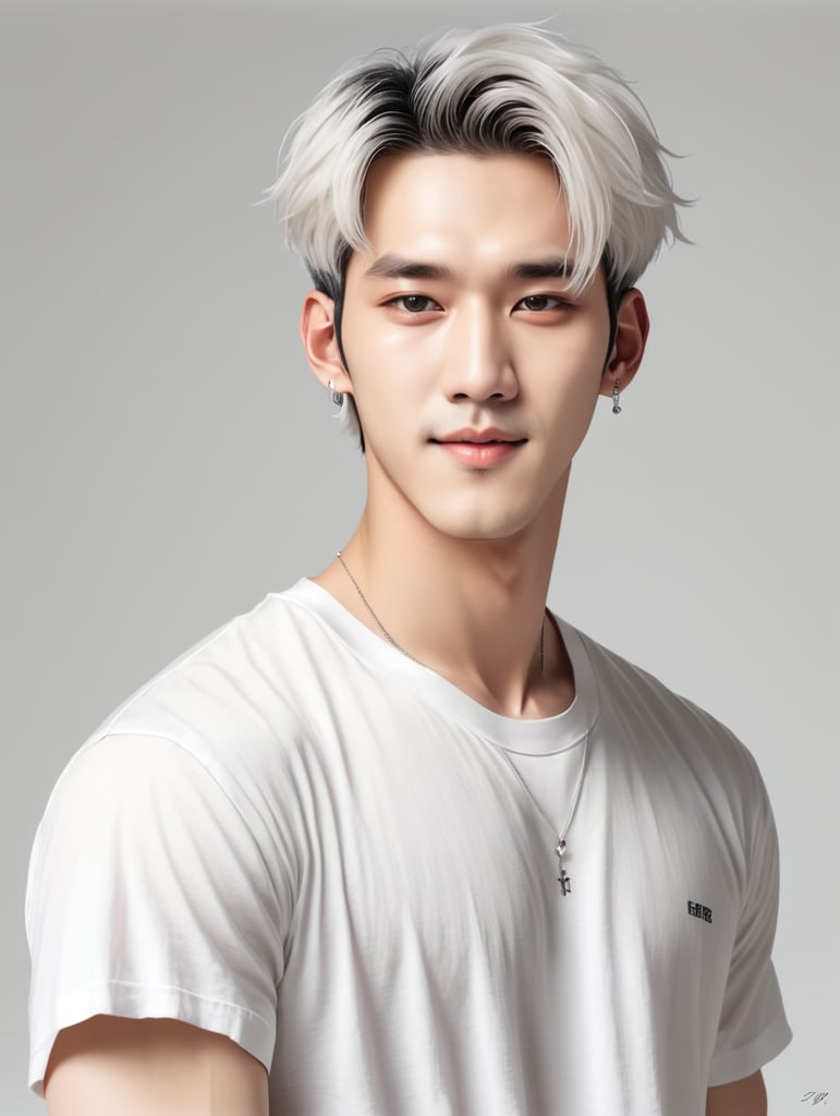 pretty Korean man,20s, very pale skin, small nose, white hair, medium length. Anime, manga, k-pop, popstar, baekhyun, white background, white t-shirt, cute, happy