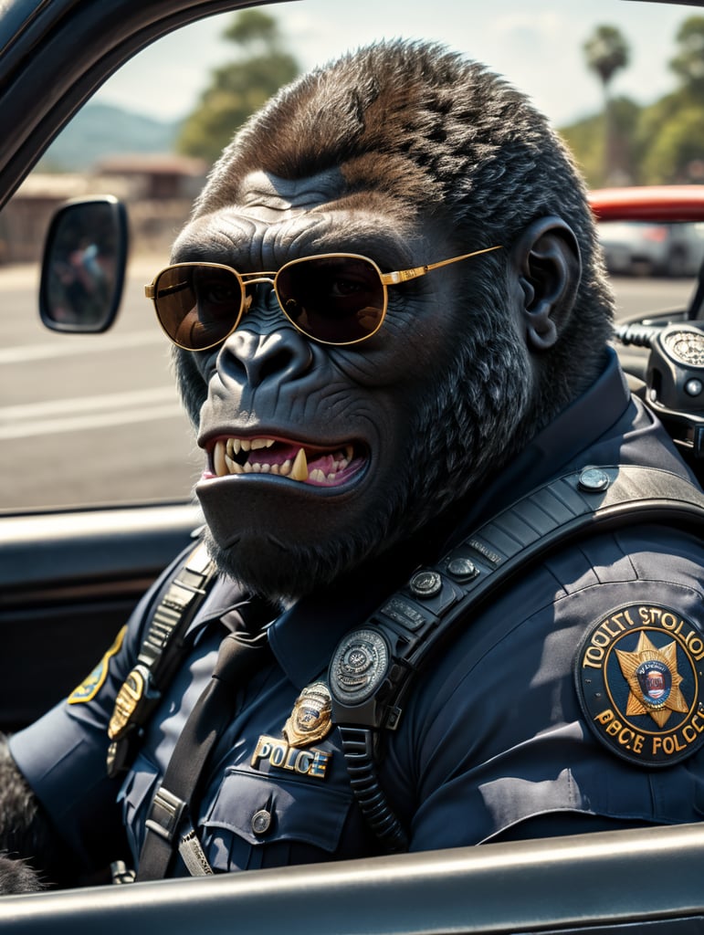 Gorilla police officer, sitting behind the wheel of a police car, close-up shot, sunglasses, clipart, stock photo