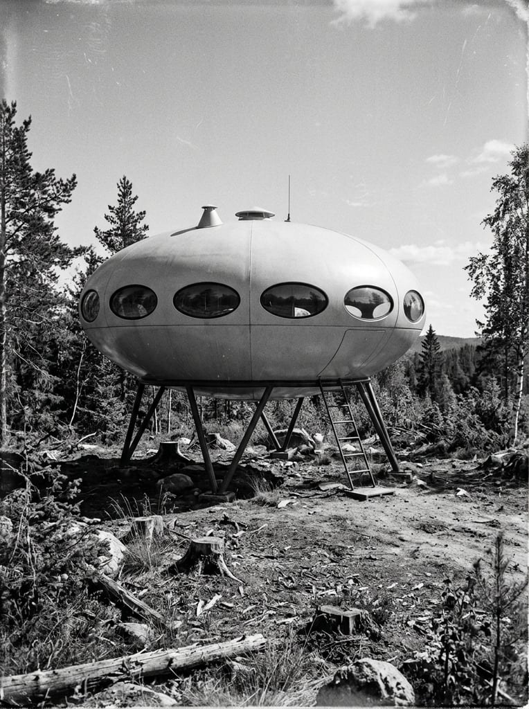 A vintage black and white photograph of a futuristic, saucer-shaped architectural dwelling elevated on angled metal struts in a wooded clearing. The smooth, oblate spheroid structure features a distinct horizontal seam, a continuous band of dark elliptical windows, and a small conical cap on its roof. The building rests in a rugged environment characterized by rough dirt, chopped tree stumps, and scattered evergreen trees beneath a clear sky. The low-angle perspective and high-contrast aesthetic emphasize the striking space-age design against the unrefined landscape.