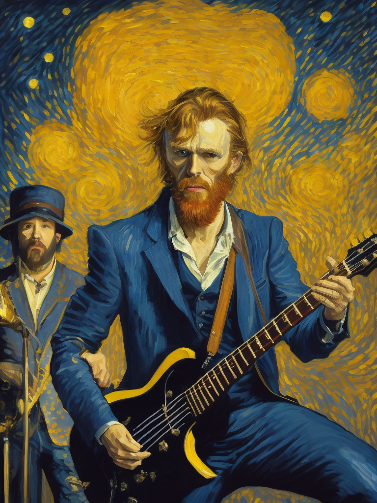 Rock star vincent van gogh on stage with his band at a big festival under Starry Night, oil painting van gogh style, big brush strokes