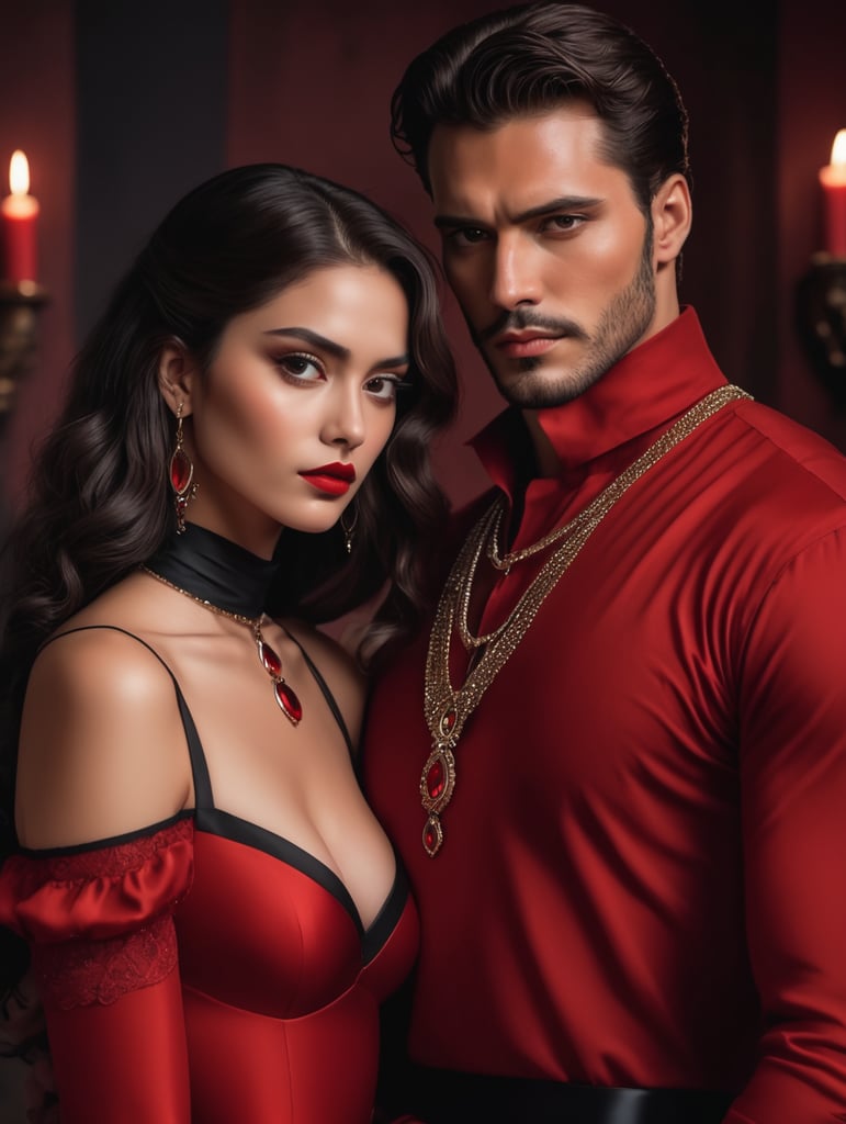 two lovers, in the style of frank thorne, romantically aesthetic, male and female models, dark academia vibes, dark background, intimate, she looks into the camera, he looks at her, she's wearing a choker around her neck and has on a red dress, he is handsome and mysterious, both have dark hair, close up