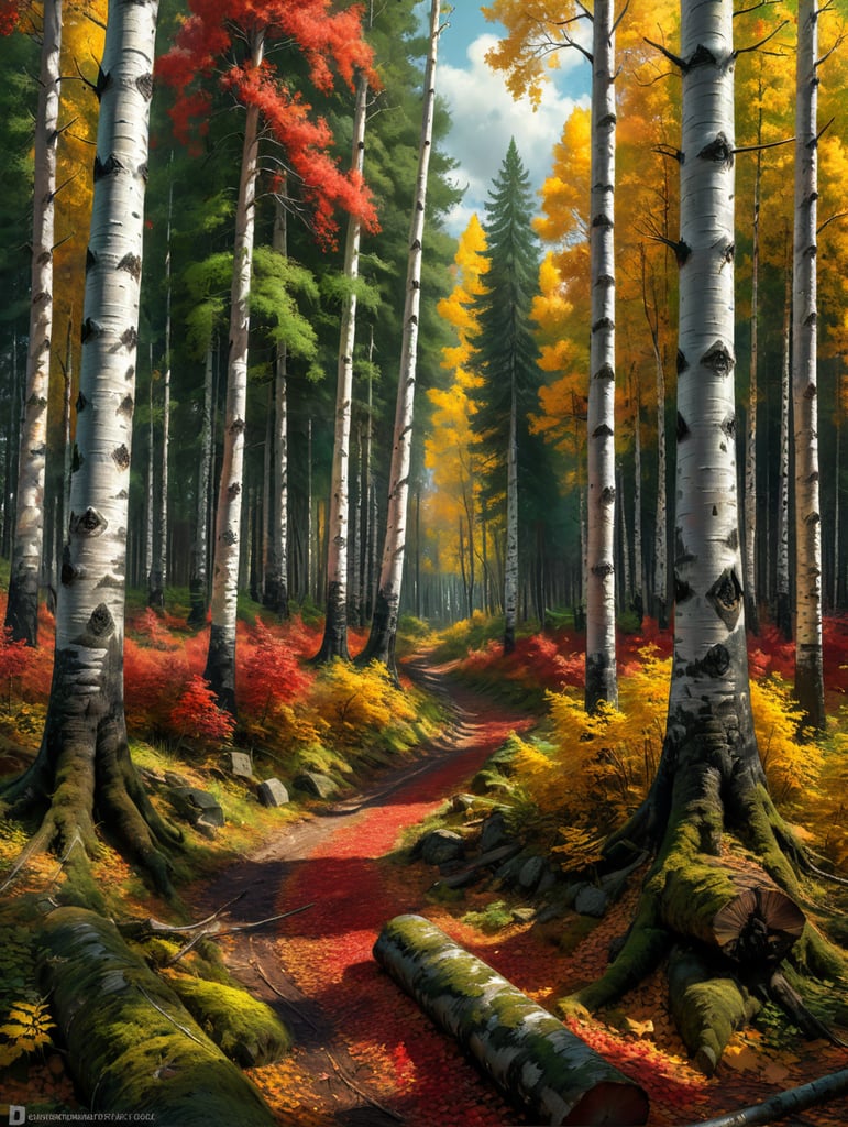 Осенний лес, жёлтые берёзы, красная рябина, зелёные сосны волк шервудский лес