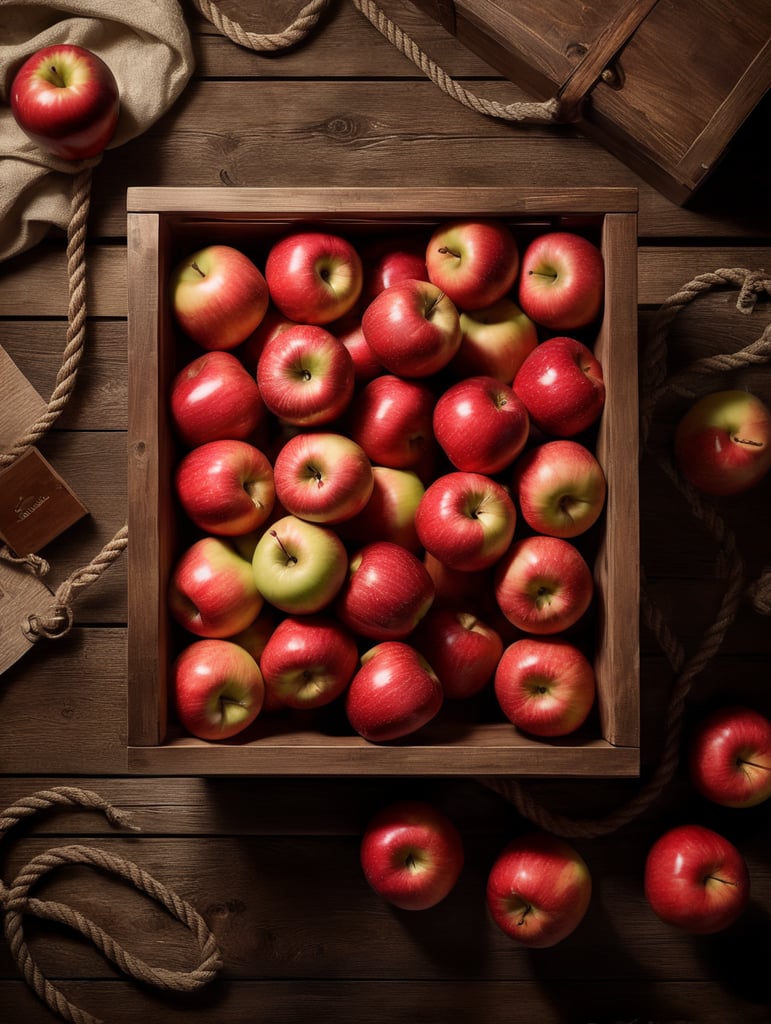 Top view. A brown wooden box filled with red apple, a box with thick rope handles, lies on a wooden table, studio lighting, the red apple have high-quality peel, Photo from above, top view, highly detailed photo, high quality photo, studio photo