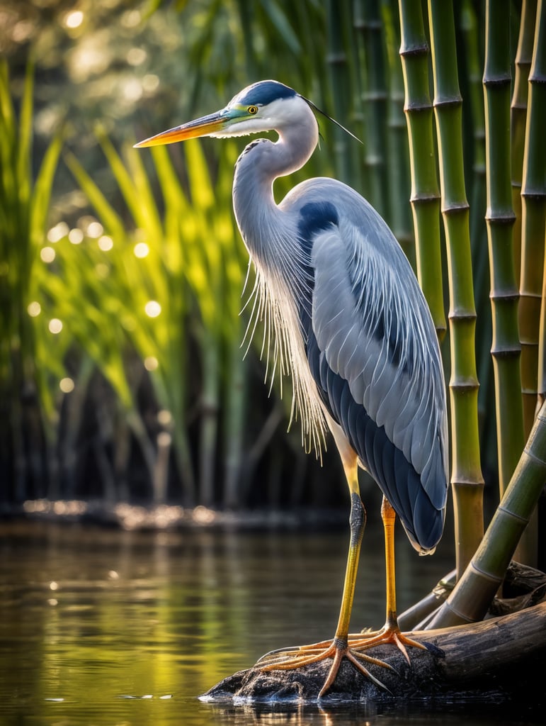 An ultra intricate and insanely detailed blown glass (heron standing among bamboo at a river's edge ), 500mp uhd , extremely photorealistic , sharp focus, no blur , epic composition , epic dramatic lighting --q 5