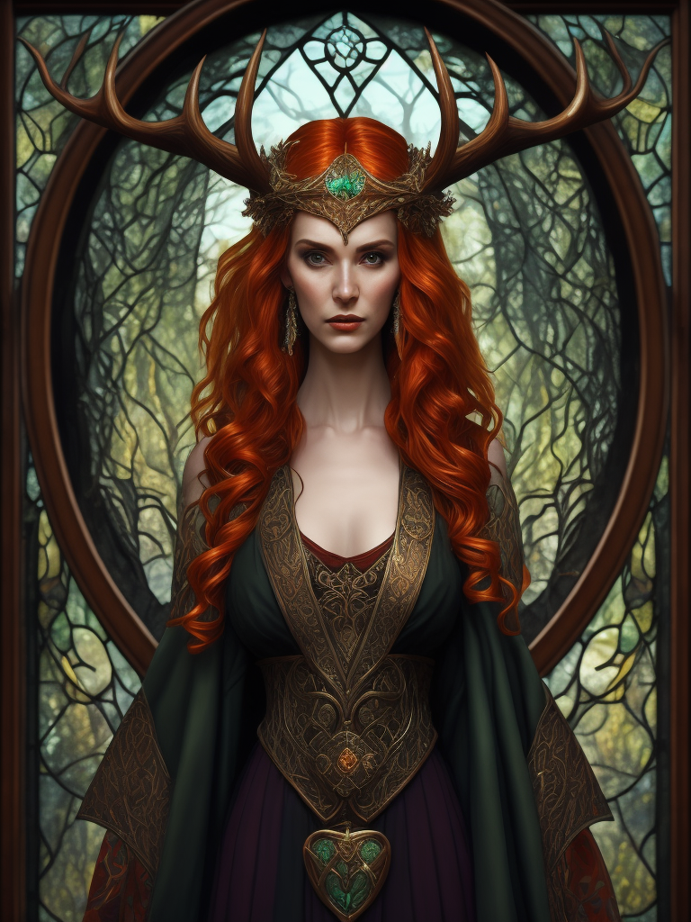 stained glass effect, celtic pagan red haired woman wearing antlers on her head, regal goddess, beautiful, in a forest, wearing ancient goddess robes with celtic embroidery, dark evening background, stained glass style
