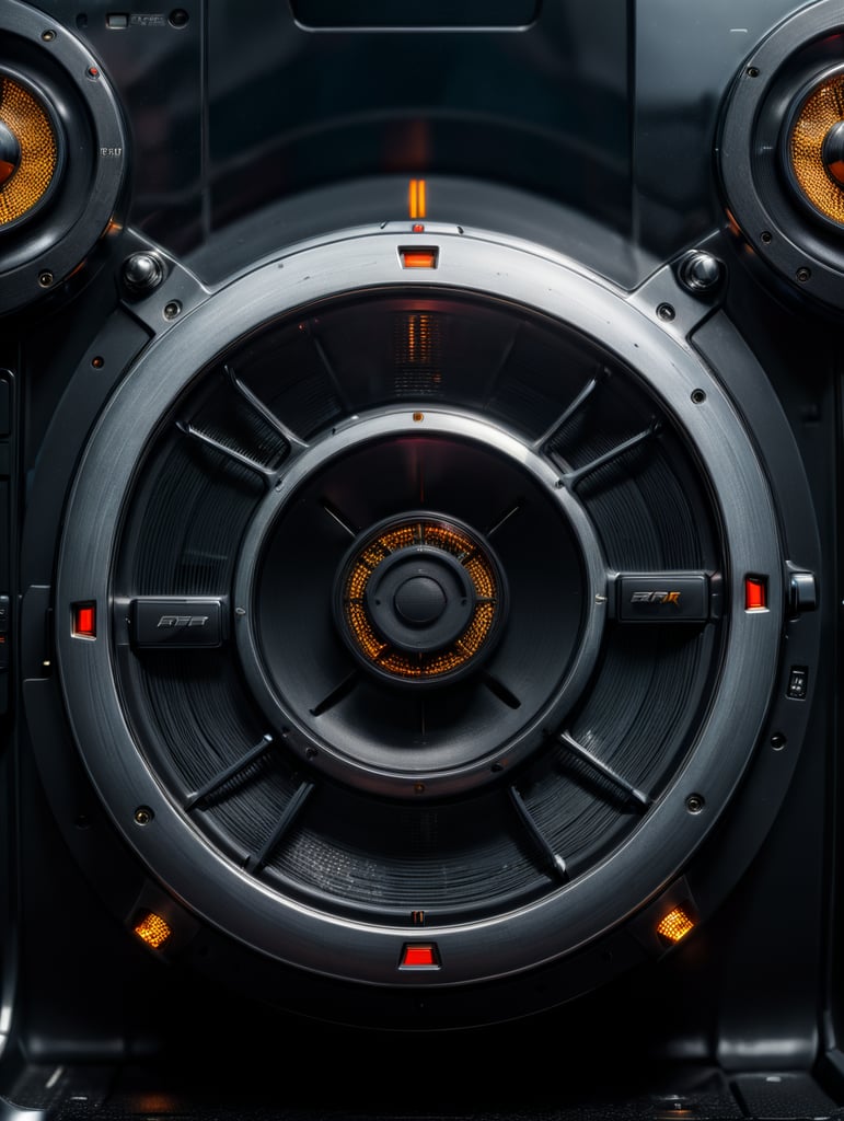 a super realistic professional photo of a modern futuristic minimal radio, plastic glossy material with a rubber texture, a very close detail shot, minimal aesthetic, background wallpaper, black and silver colors with chrome details