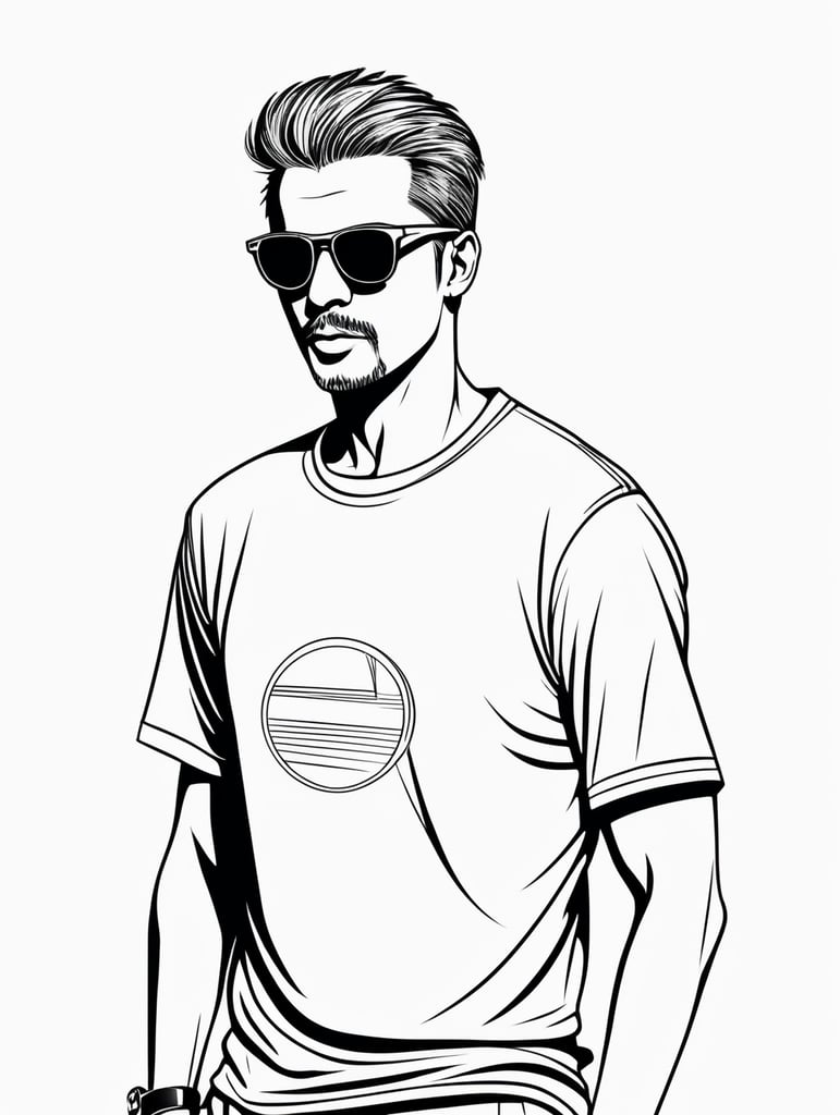 maniac wearing t-shirt and sunglasses, in the style of basic simple line art vector comic art on white background