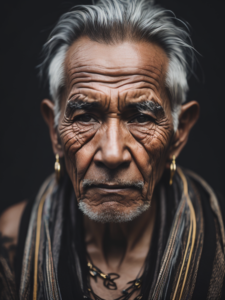 Portrait of a tribal elder with a face tattoo, photography, beautiful, black background, colorful, realistic, masterpieces, top quality, best quality, official art, beautiful and aesthetic