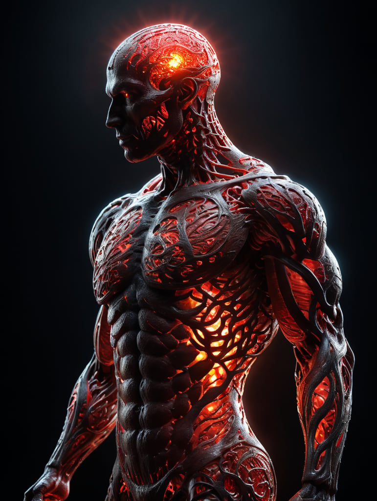 human body silhouette focusing on the vital energy of the head and stomach region, dark background and bright body, energy points in red