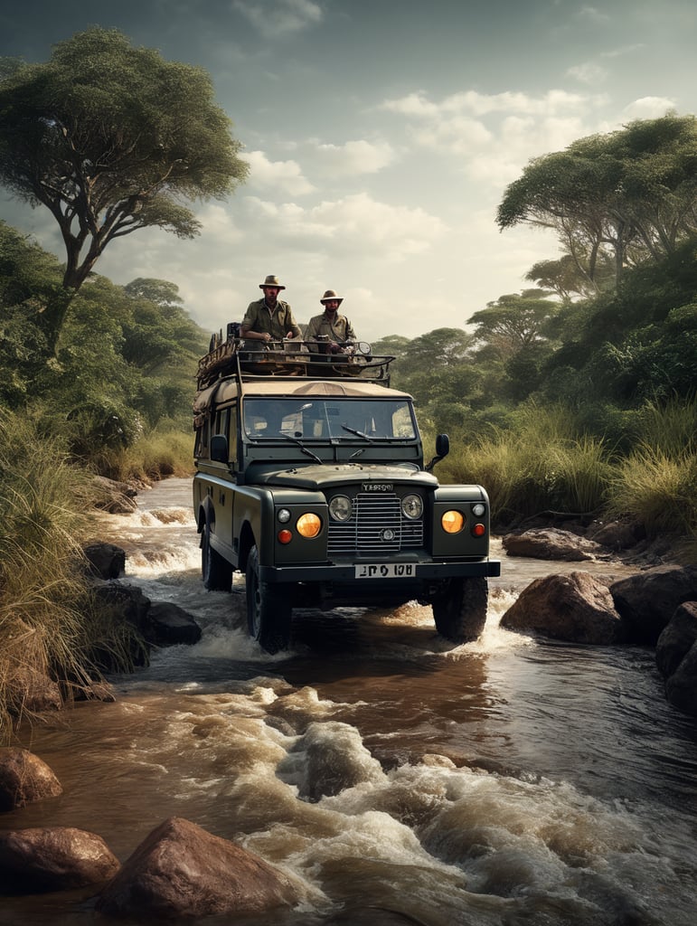 a single safari guide driving a landrover through a river in the african bush.